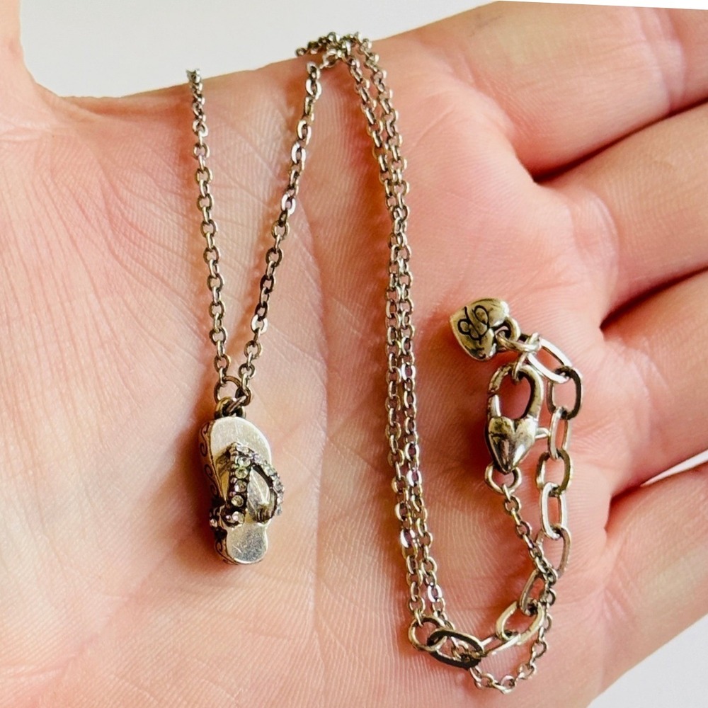 Brighton Sandal flip flop Necklace Chain Signed Silver Plated Crystal collar Y2K